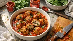 Kaâber bi ssebnekh : boulettes de dinde aux épinards dans une sauce tomate à la harissa