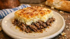 Hachis Parmentier au canard : purée parfumée et crème de parmesan gratinée